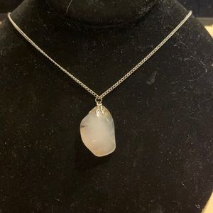 White opaque stone pendant silver toned necklace vintage